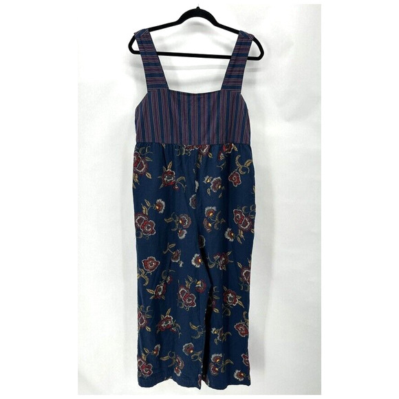 Madewell x Warm Jumpsuit Wide Leg Size 10 Blue Floral Stripes Cottage Boho Comfy - Picture 1 of 9